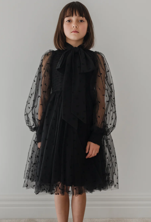 PETITE AMALIE FLOCKED MESH BOW DRESS (3-14Y)